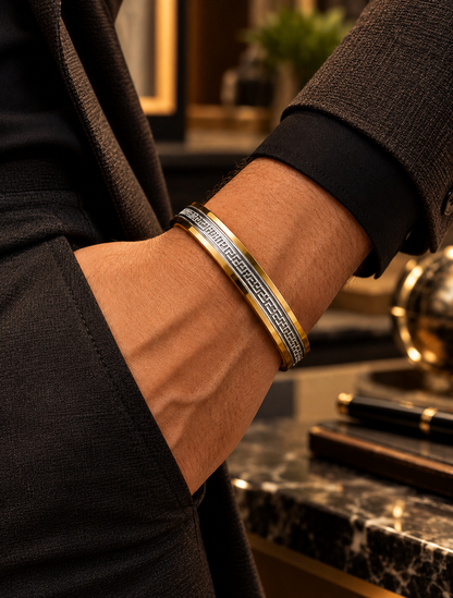 Premium Gold & Silver Greek Key Pattern Men's Kada